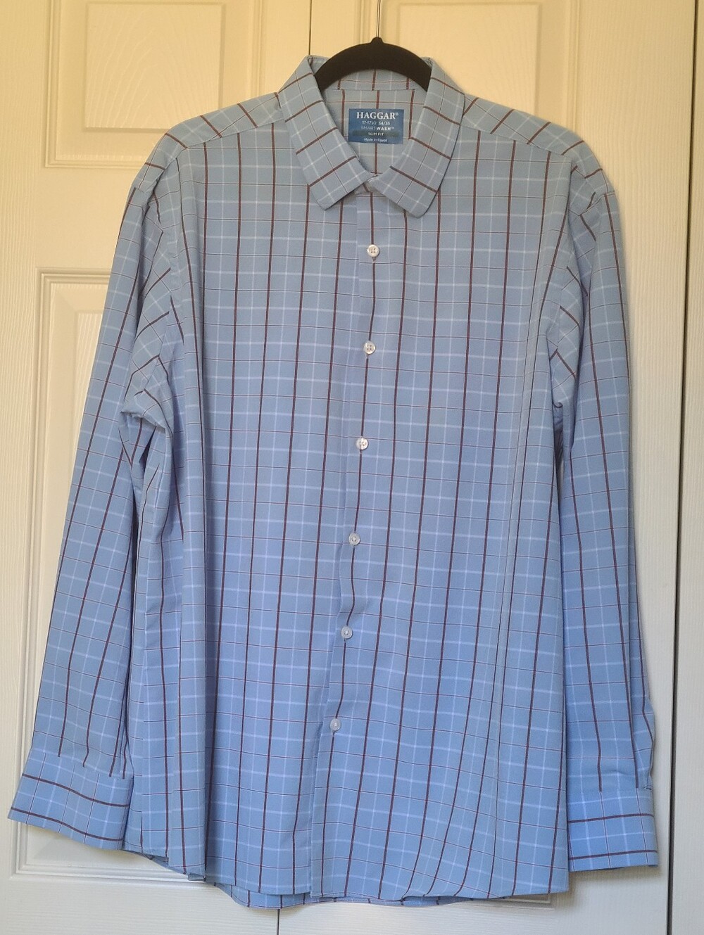 Haggar Smart Wash Slim Fit Dress Shirt Blue Check Plaid L/S Men's Size 17 34/35